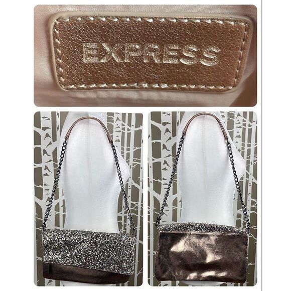 Express Rose Gold and Glitter Fold-over Chain Strap Shoulder Bag Clutch - Picture 1 of 10